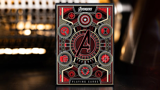 A box of Avengers: Infinity Saga playing cards with custom artwork featuring the Avengers logo and character motifs in a red and gold color scheme.