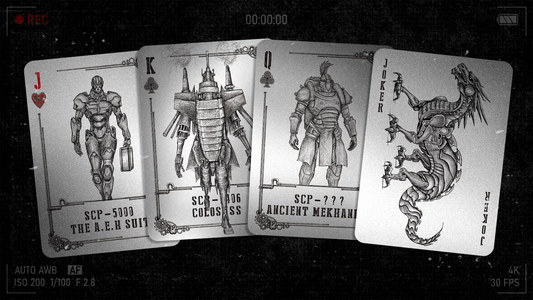 The image features the "The SCP Foundation Playing Cards 2nd Edition - Broken God Deck (Black Edition)." The 4 selected playing cards are displayed highlighting the dark, mechanical and detailed illustrations of the Broken God Deck.
