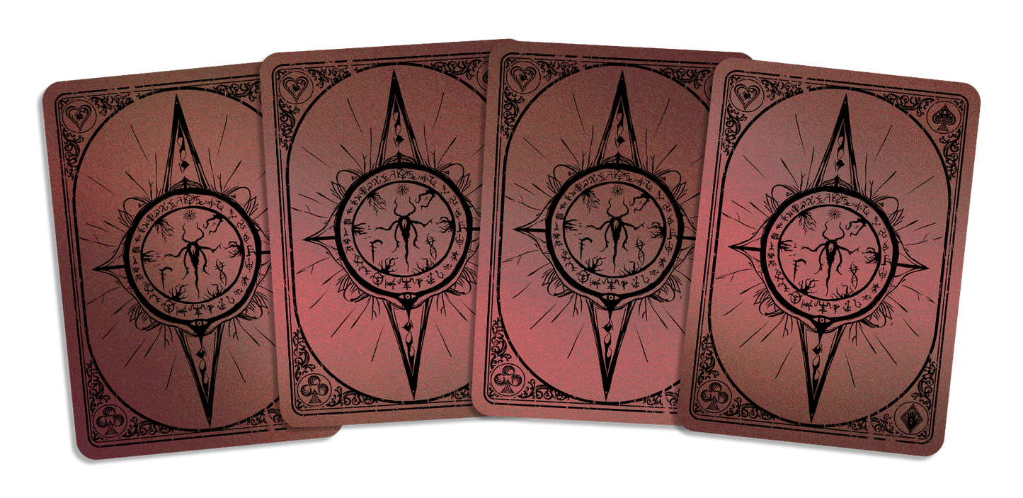 The image features the "The SCP Foundation Playing Cards 2nd Edition - Sarkic Cult Deck (Black Edition)." The Card Backs are displayed highlighting the dark, ominous and detailed illustrations of the Sarkic Cult Deck.