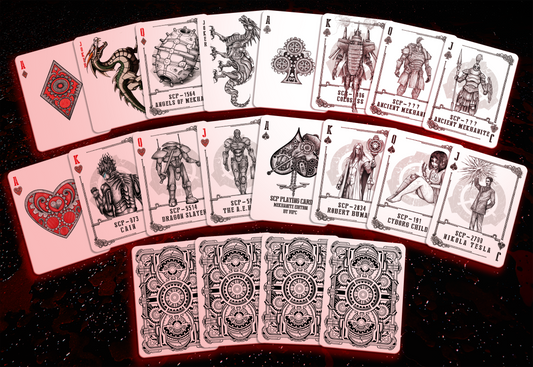The image features the "The SCP Foundation Playing Cards 2nd Edition - Broken God Deck (Black Edition)." The court and ace cards are displayed highlighting the dark, mechanical and detailed illustrations of the Broken God Deck.