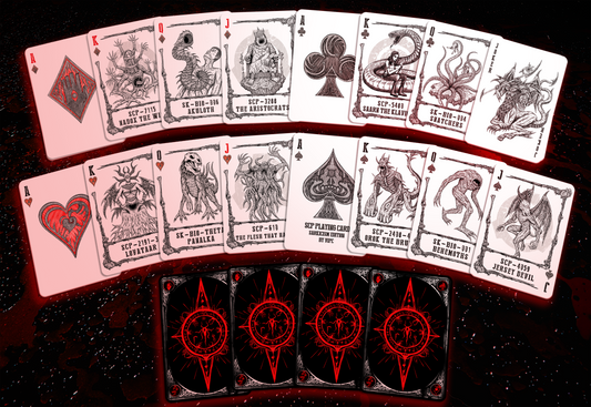 The image features the "The SCP Foundation Playing Cards 2nd Edition - Sarkic Cult Deck." Sshowing the court and ace cards. Highlighting the dark, ominous and detailed illustrations of the Sarkic Cult Deck.