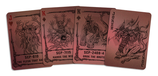 The image features the "The SCP Foundation Playing Cards 2nd Edition - Sarkic Cult Deck (Black Edition)." The 4 selected playing cards are displayed highlighting the dark, ominous and detailed illustrations of the Sarkic Cult Deck.
