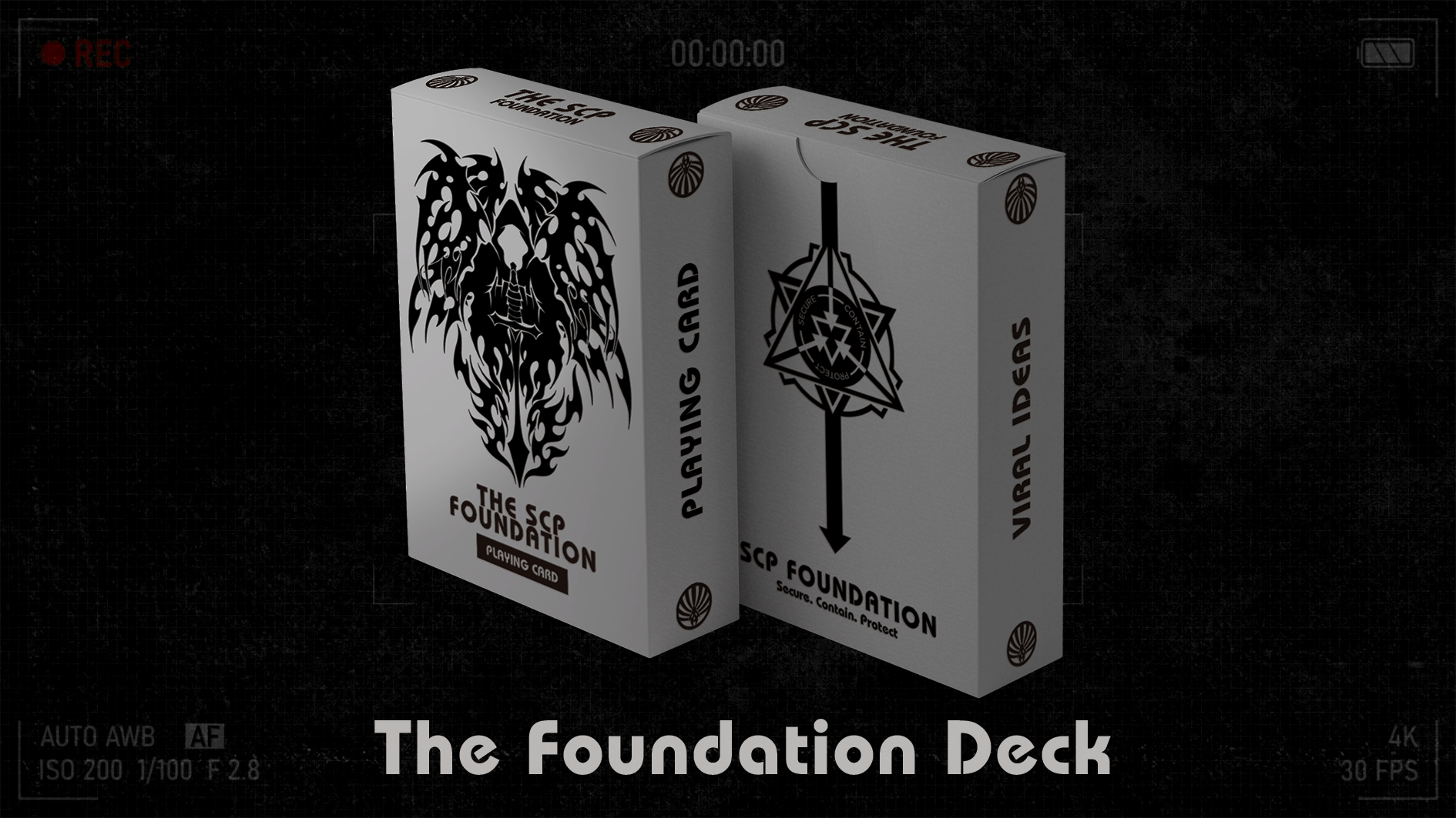 The image shows a set of playing cards from the SCP Foundation series. The packaging is matte and gray, featuring a mysterious design with the text 'The Foundation Deck' and a figure enshrouded in darkness on the front.